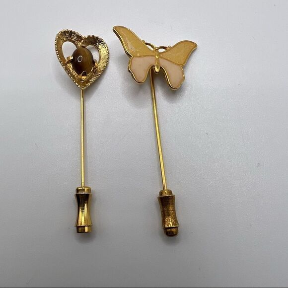 Set of 2 Vintage Lapel Pins. Enamel Butterfly and Tiger Eye Heart. Gold Tone Pin - Picture 1 of 7